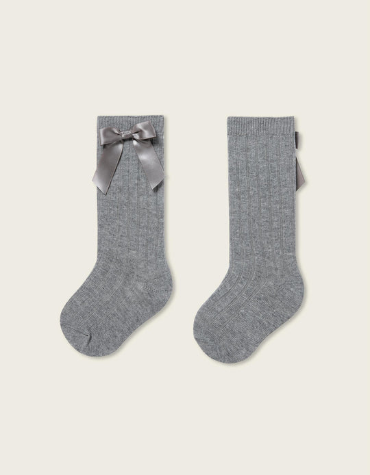 High Socks with Satin Bow for Baby Girls, Grey