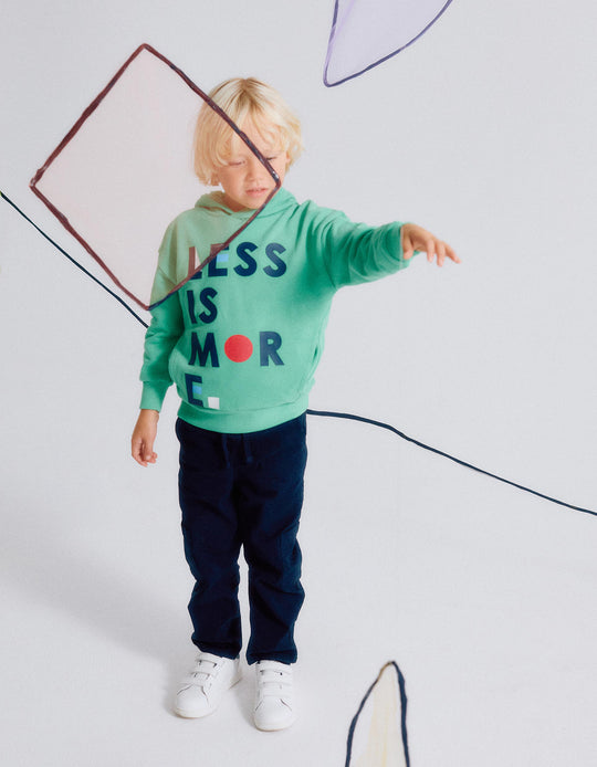 Cotton Hooded Sweatshirt with Print for Boys 'Less is More', Green