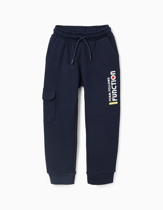Cotton joggers with print and cargo pocket for boys, dark blue