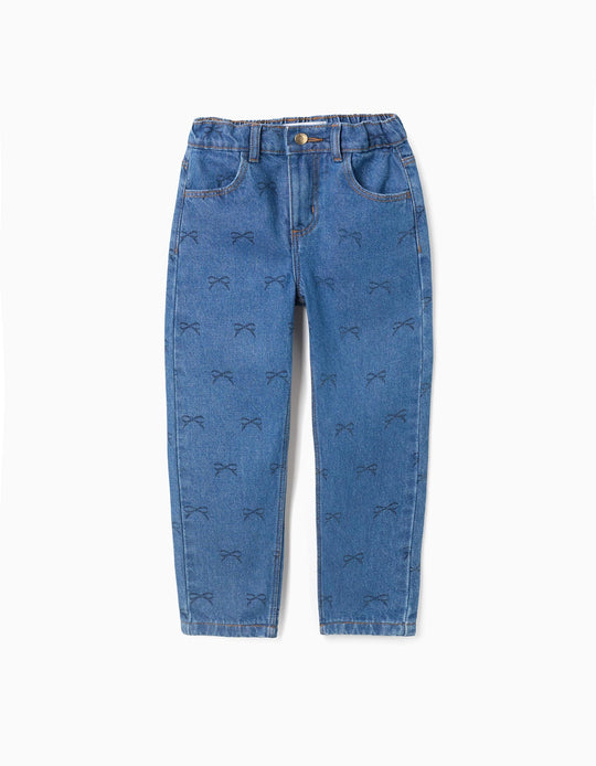 Cotton Jeans with Bow Motif for Girls, Blue