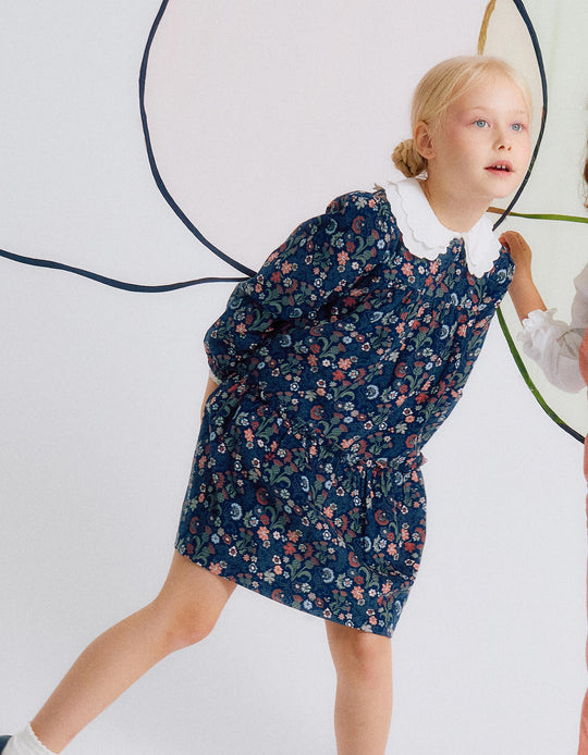 فستان قطن كوردروي مزهر للفتيات "B&S"، أزرق