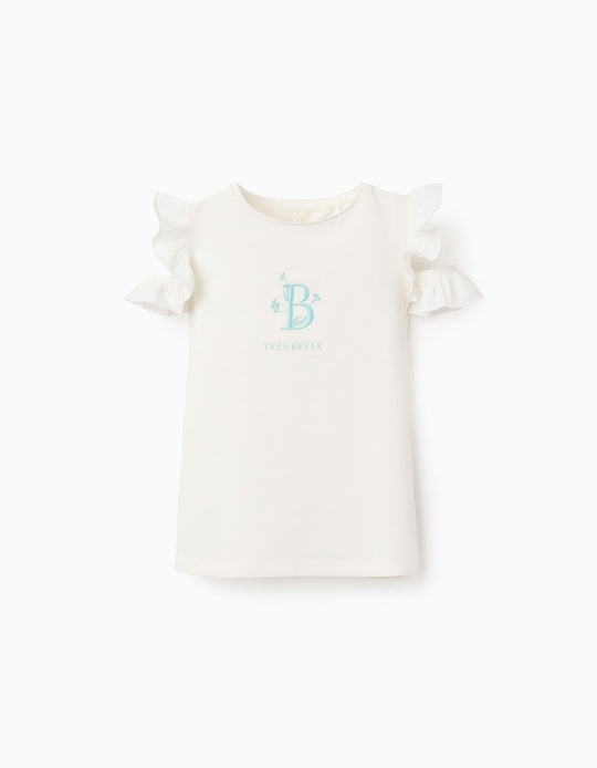 تيشيرت بتطريز وكشاكش على الأكتاف للبنات، أبيض