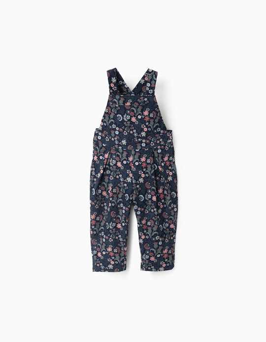Floral Corduroy Dungarees for Baby Girls, Dark Blue