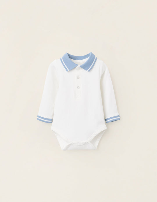 Stretch Cotton Polo-bodysuit for Newborns, White/Blue