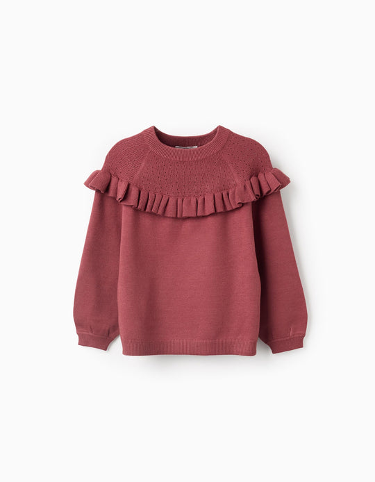 Knitted jumper with ruffles for girls, burgundy