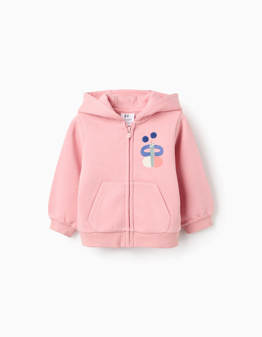 Brushed hooded jacket with chest print for baby girls, pink