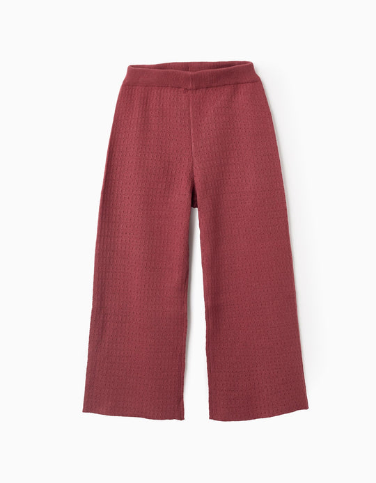 Wide leg openwork knit trousers for girls, burgundy