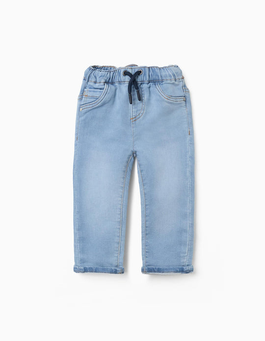 Slim Fit Denim Joggers With Drawstring For Baby Boys, Light Blue