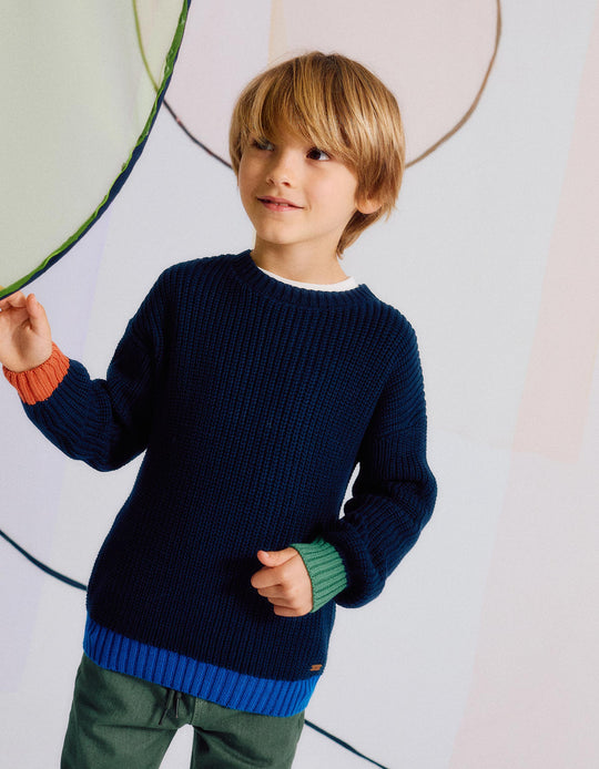 كنزة محبوكة بتفاصيل ملوّنة للأولاد، أزرق داكن