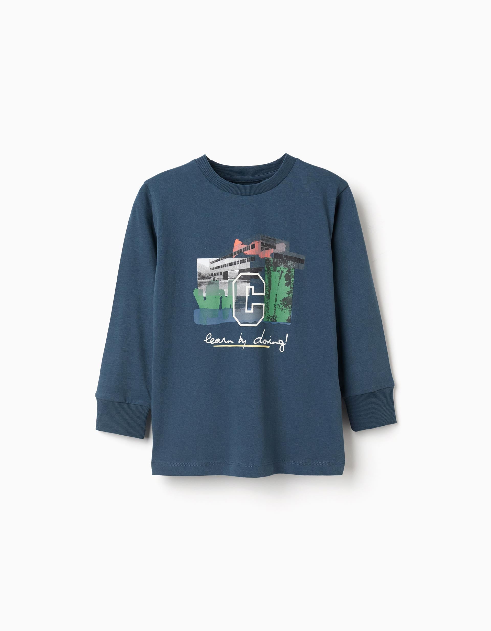 Long sleeve cotton T-shirt with print 'C' for boys, petrol blue | Ziddy KSA