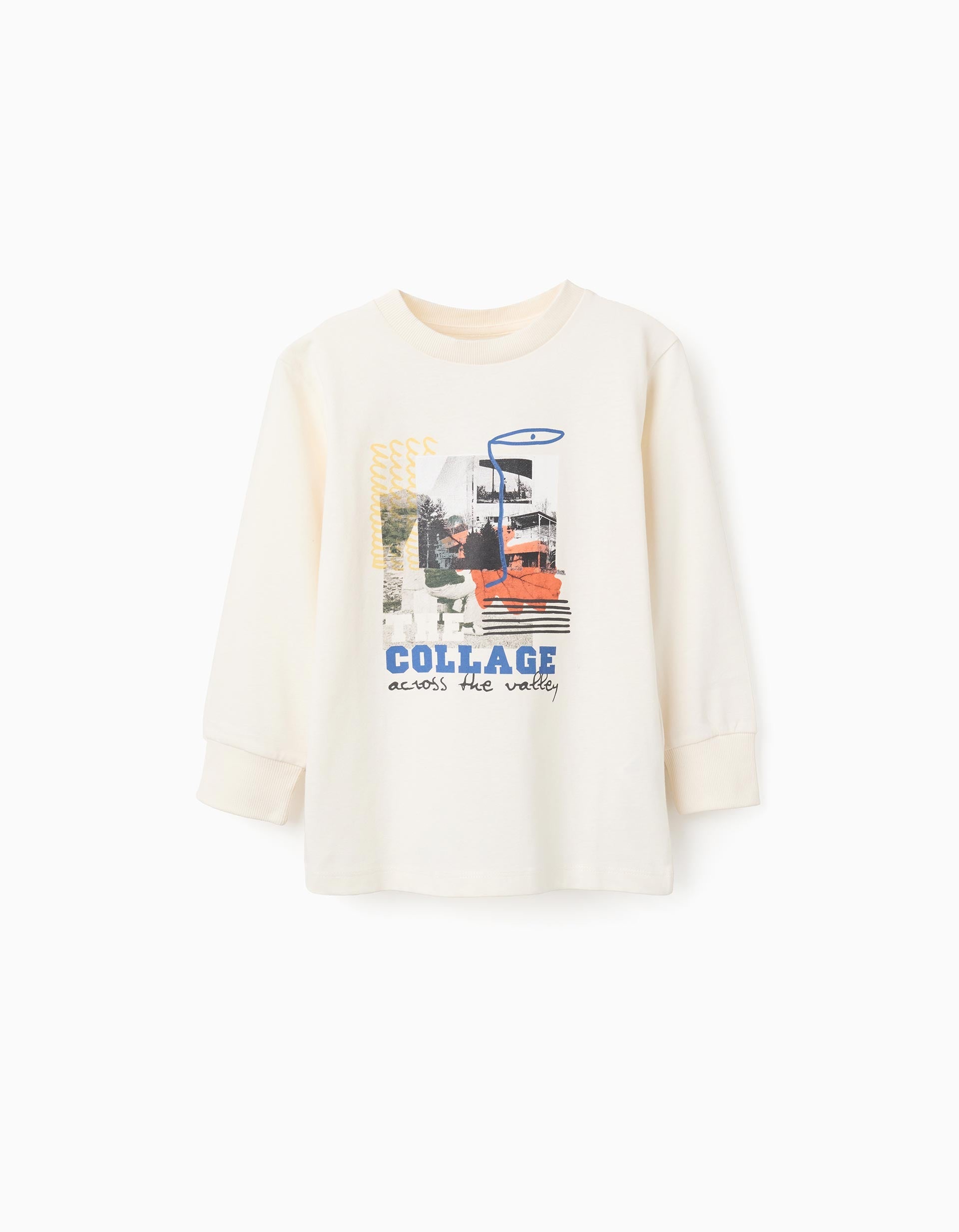 Long sleeve cotton T-shirt with print 'the collage' for boys, white | Ziddy KSA