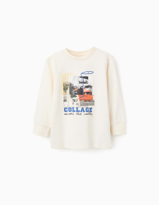 Long sleeve cotton T-shirt with print 'the collage' for boys, white