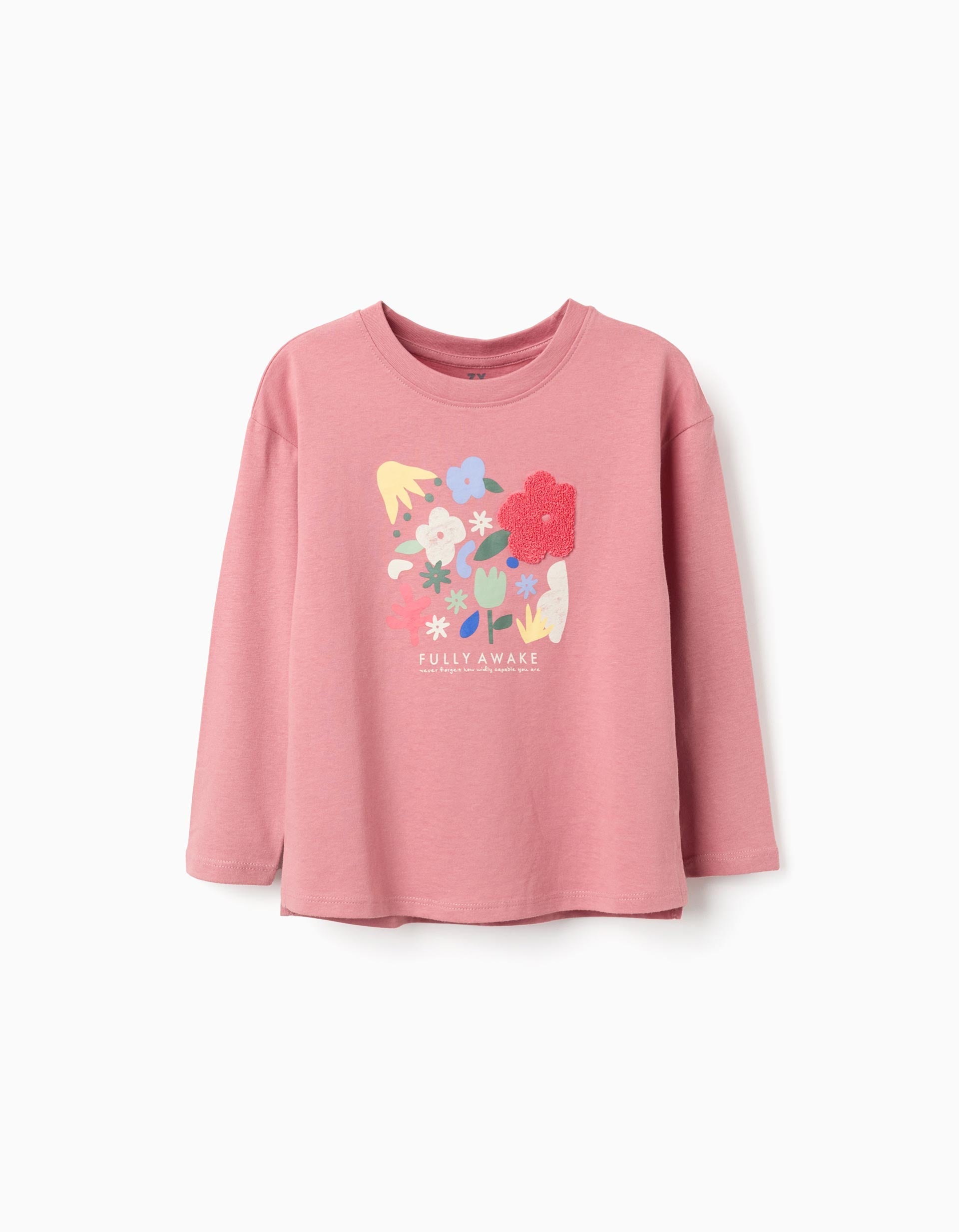 Long sleeve cotton T-shirt with 'Fully Awake' print for girls, pink | Ziddy KSA