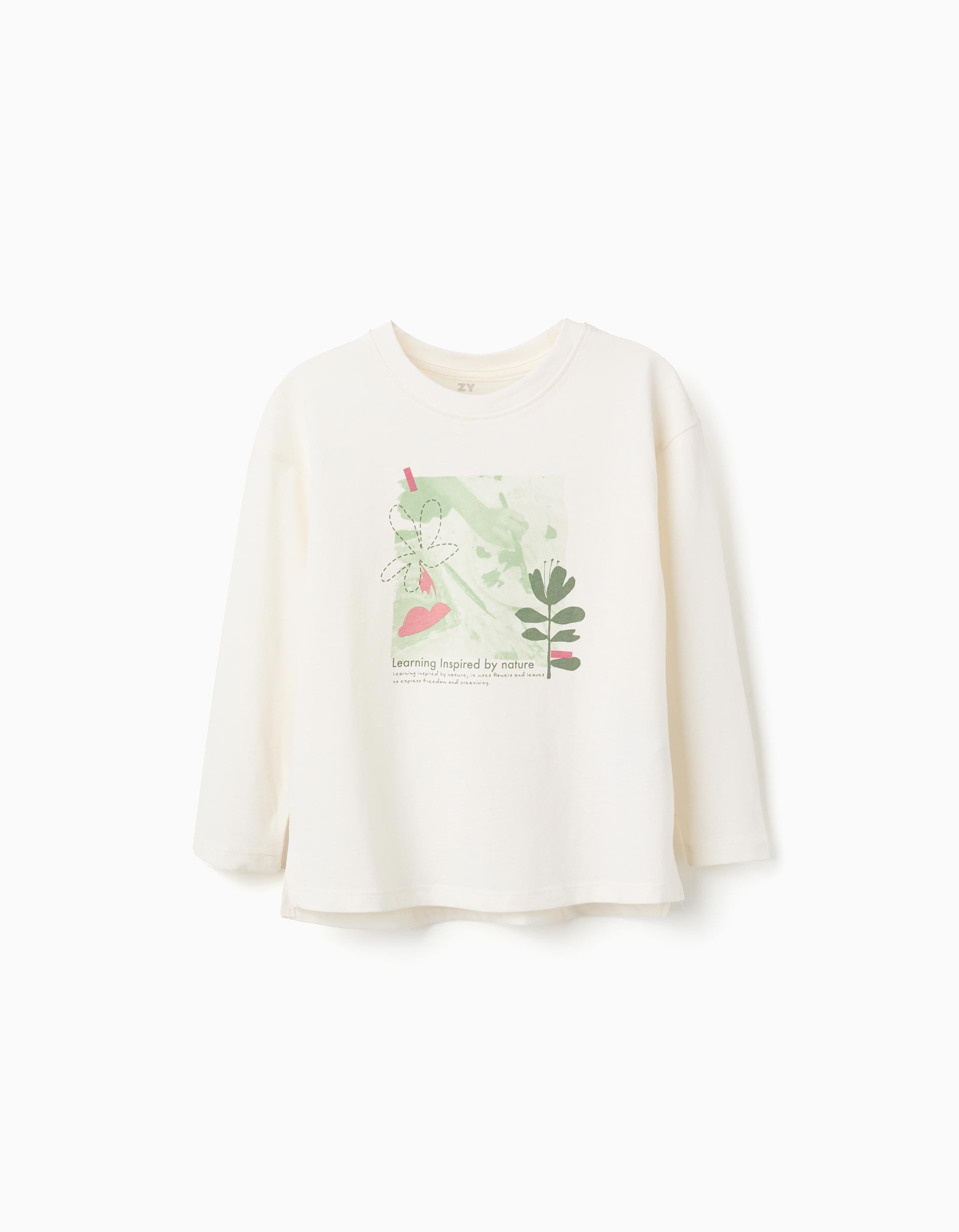 Long sleeve cotton T-shirt with 'Nature' print for girls, white | Ziddy KSA