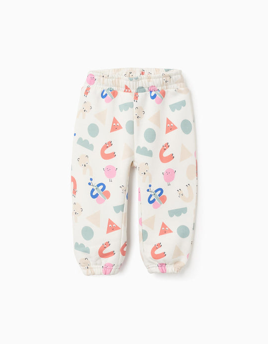 Brushed Joggers with Motif for Baby Girls 'Shapes', White