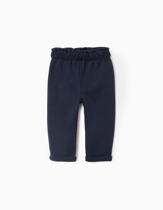 Brushed Trousers with Paperbag Waist for Baby Girls, Dark Blue
