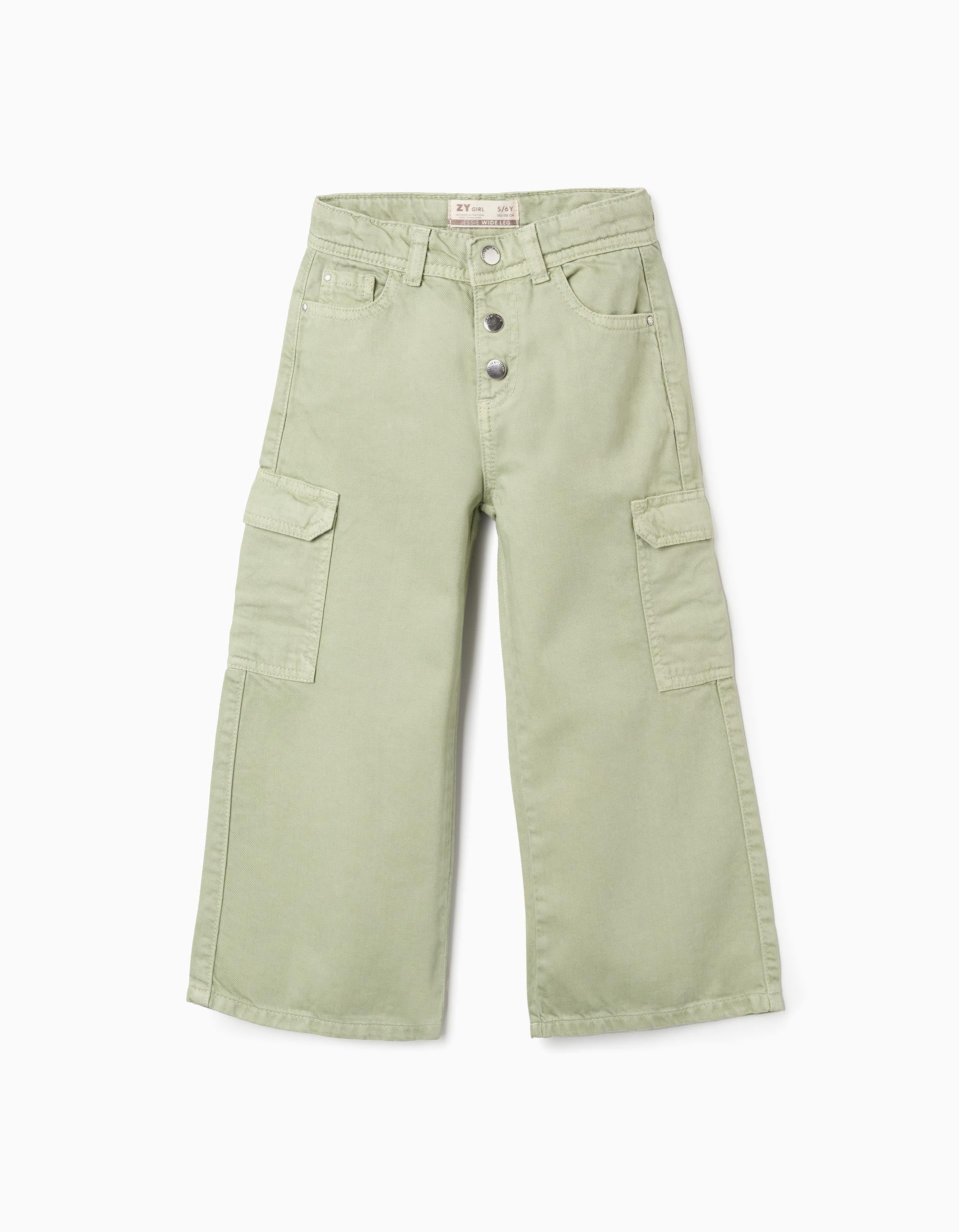Cargo Twill Trousers for Girls 'Wide Leg', Green | Ziddy KSA