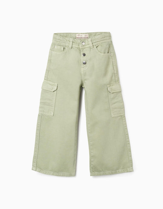 Cargo Twill Trousers for Girls 'Wide Leg', Green
