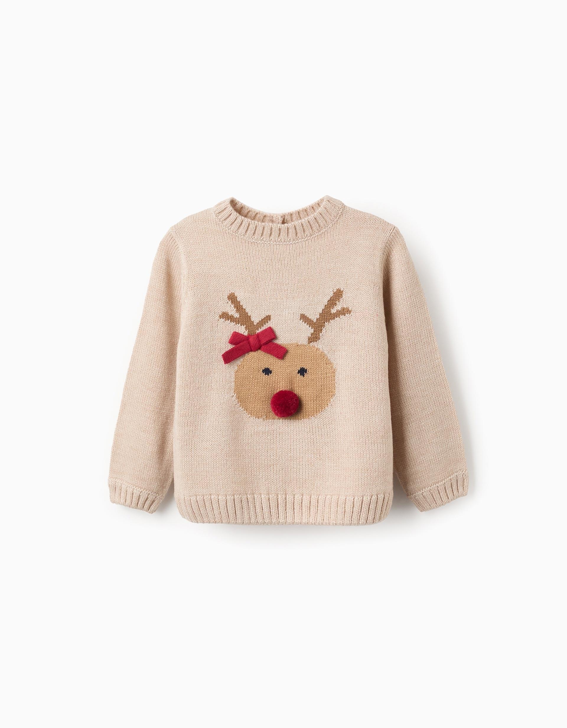 Jacquard Knitted Jumper for Baby Girls 'Reindeer', Beige | Ziddy KSA