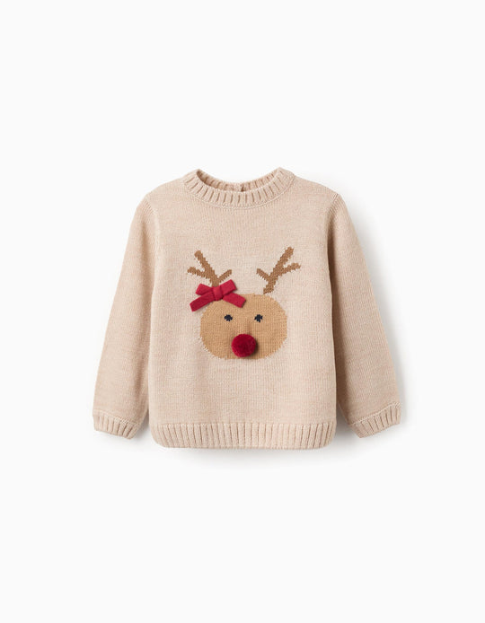 Jacquard Knitted Jumper for Baby Girls 'Reindeer', Beige