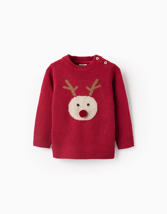 Knitted jumper with jacquard reindeer for baby boys, red