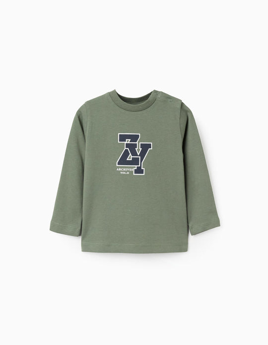 تيشيرت بأكمام طويلة من الجيرسيه، أخضر داكن، 6/9 أشهر