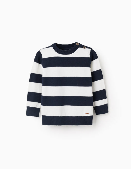 كنزة محبوكة مخططة خفيفة للأولاد الرضع، أبيض/أزرق داكن