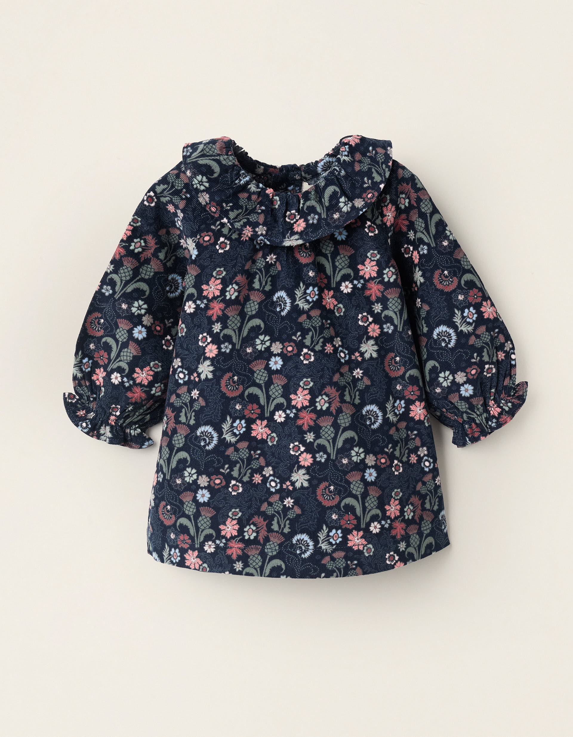 Corduroy Floral Dress for Newborn Girls, Dark Blue | Ziddy KSA