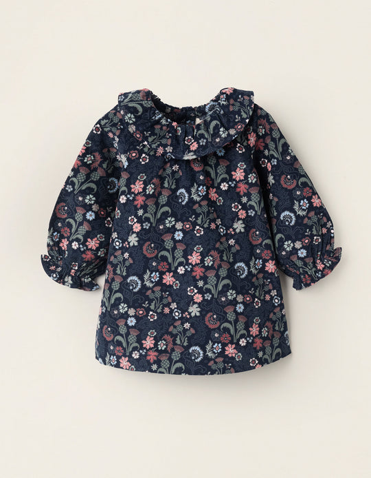 Corduroy Floral Dress for Newborn Girls, Dark Blue