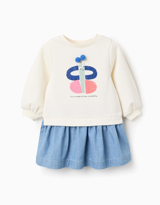 Dual-fabric Dress with Pom Poms for Baby Girls, White/Blue