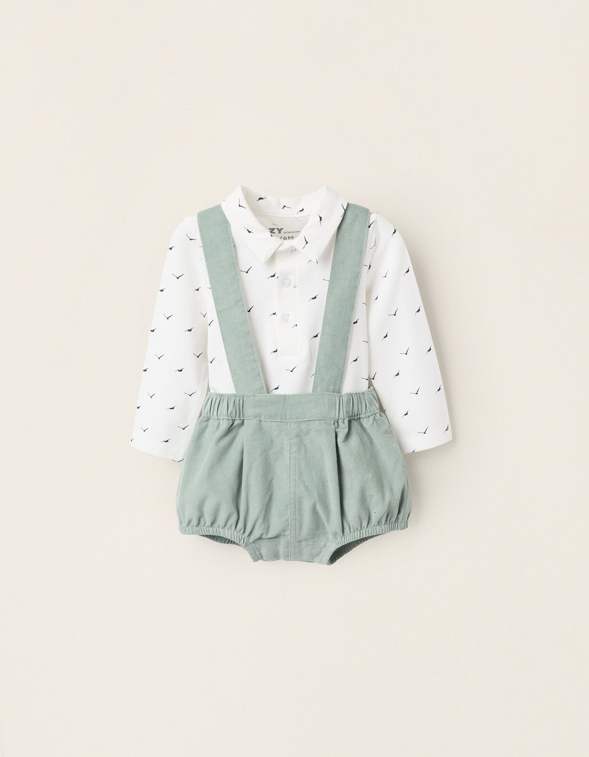 Bodysuit + Dungarees with Removable Straps for Newborns, White/Green | Ziddy KSA