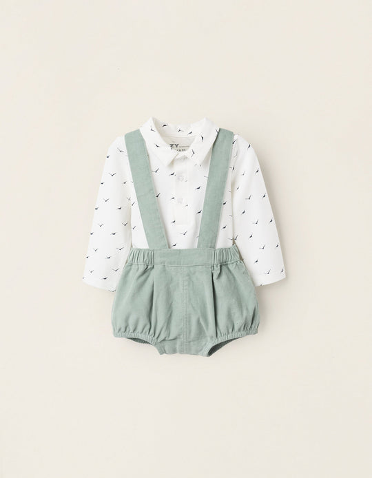 Bodysuit + Dungarees with Removable Straps for Newborns, White/Green
