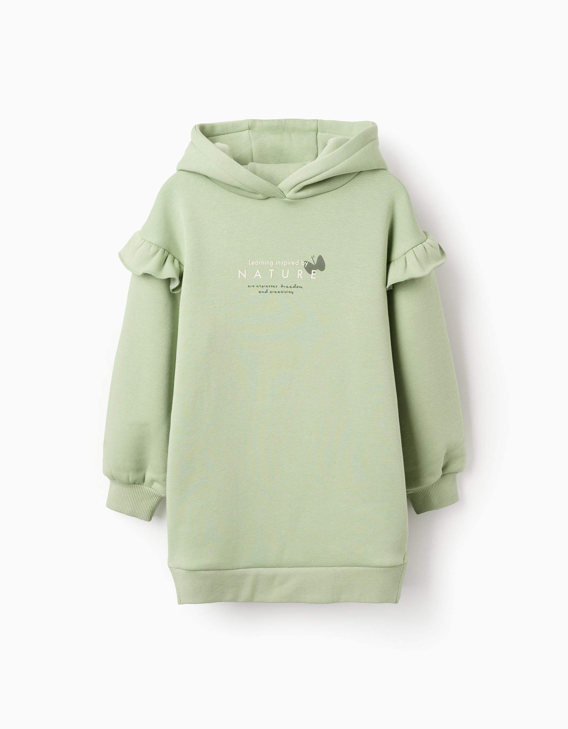 Hooded dress with plush lining and ruffles for girls, light green | Ziddy KSA