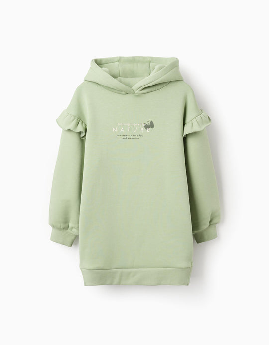 Hooded dress with plush lining and ruffles for girls, light green