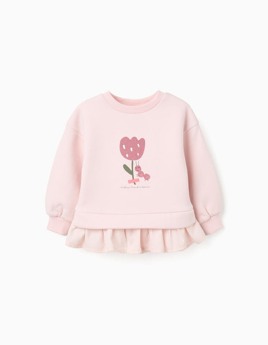 Brushed sweatshirt with flower and ant print for baby girls, light pink