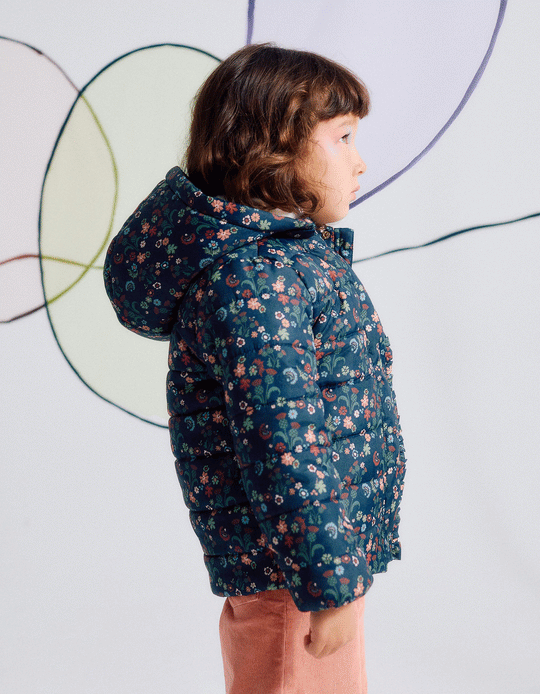 Floral Padded Jacket with Removable Hood for Girls, Dark Blue