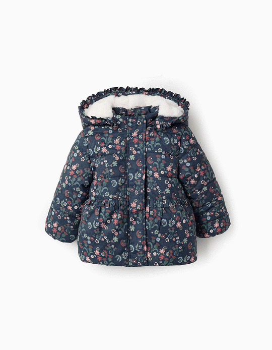 Padded Floral Hooded Jacket with Removable Hood for Baby Girls, Dark Blue