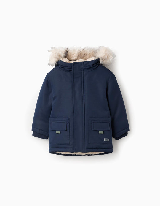 Padded Parka with Removable Fur Hood for Baby Boys, Blue