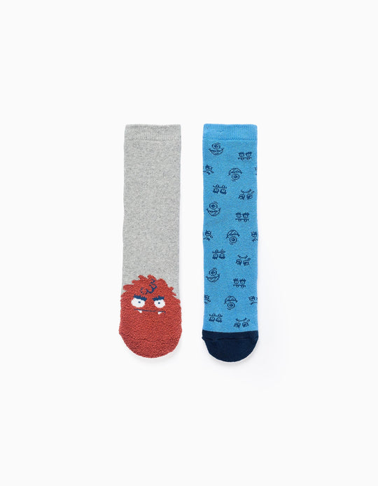 Pack 2 Pairs of Non-slip Socks for Boys 'Monsters', Blue/Grey
