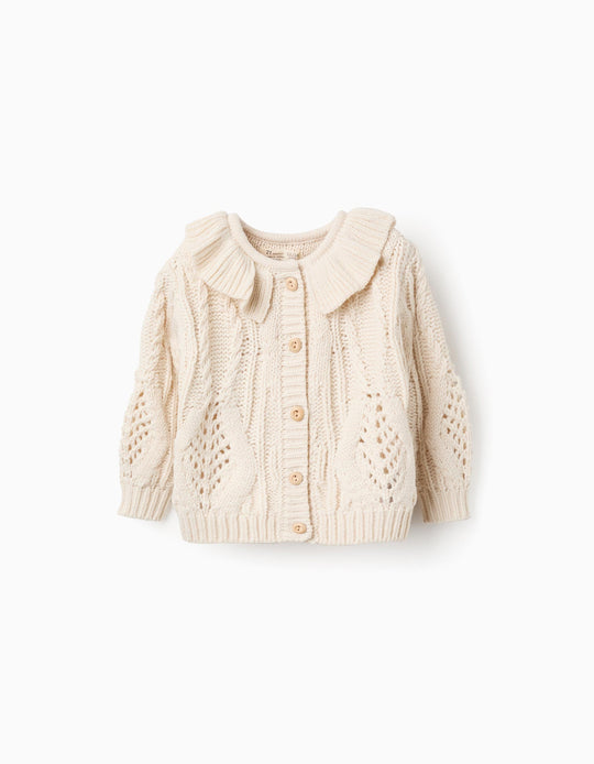 Thick Knit Cardigan with Ruffle Collar for Baby Girls, Beige