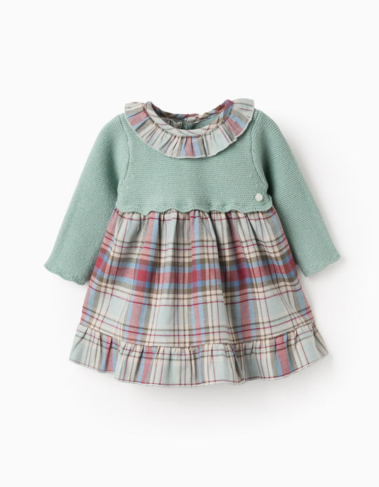 Dual-fabric Dress with Check for Newborn Girls 'B&S', Green