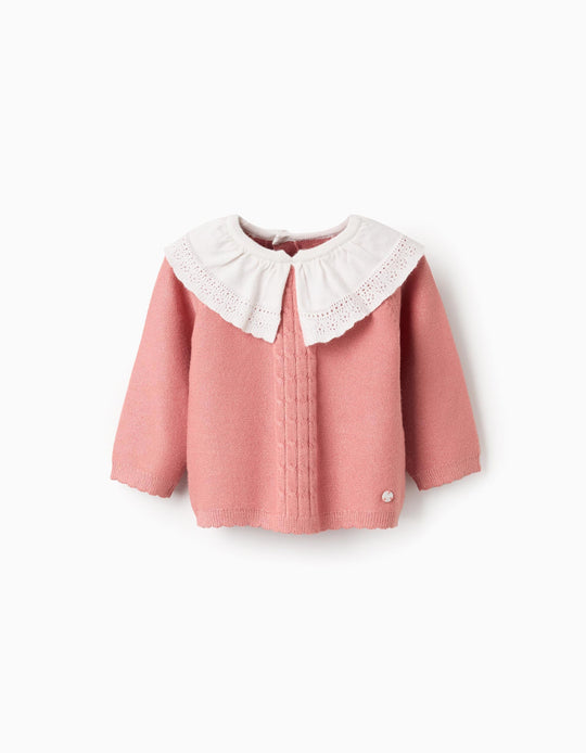 Knitted Jumper with Maxi Collar for Newborn Girls, Pink/White