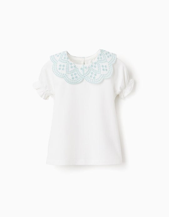 T-shirt with Broderie Anglaise Collar for Baby Girls, White/Green