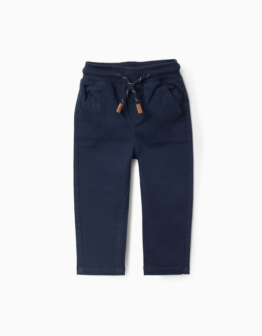 Twill Trousers with Elastic Waist and Drawstring for Baby Boys, Dark Blue