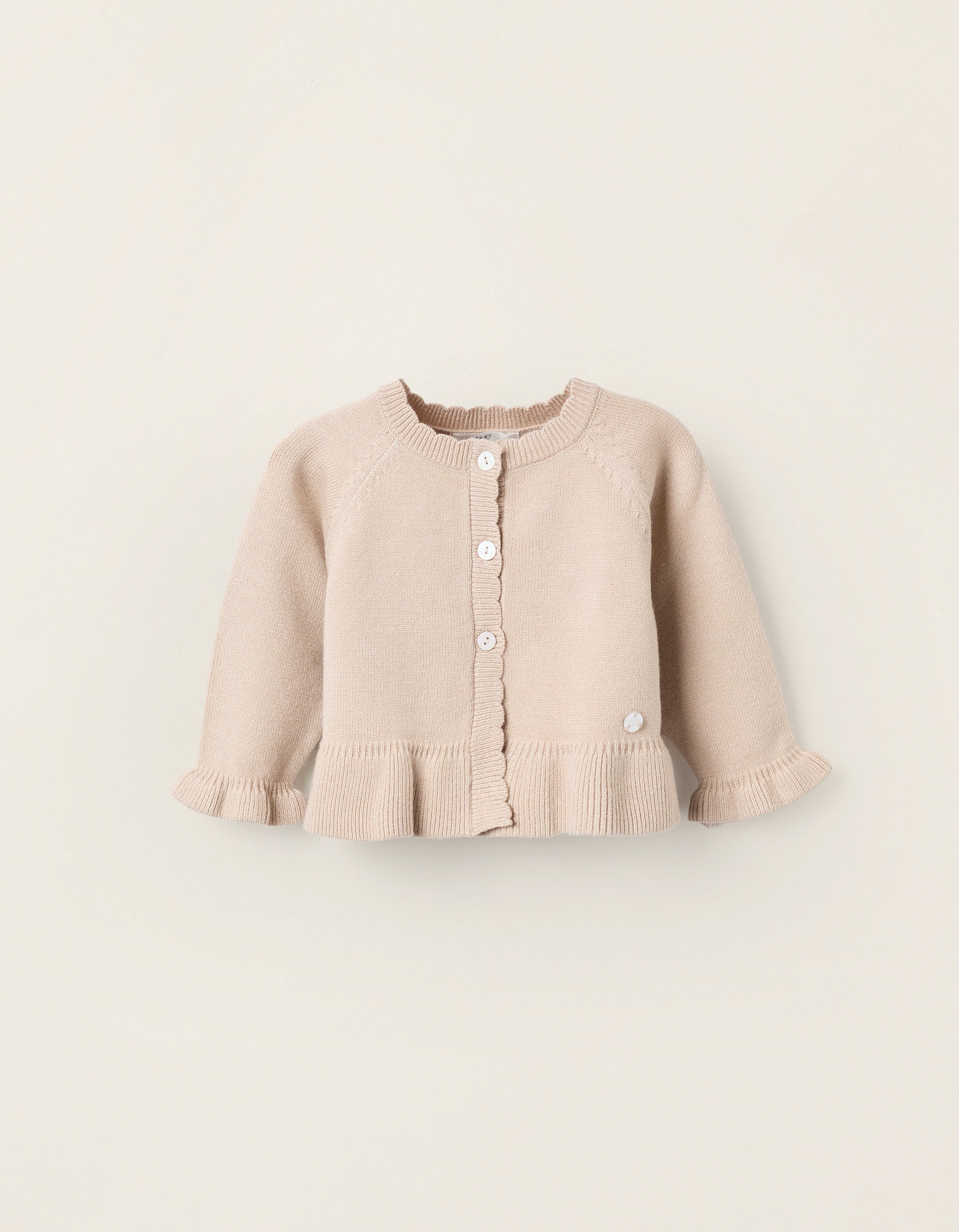 Knitted Cardigan with Ruffles for Newborns, Beige | Ziddy KSA