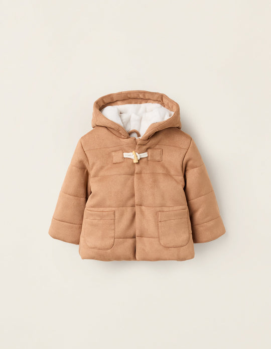 Suedette Hooded Jacket for Newborns, Camel