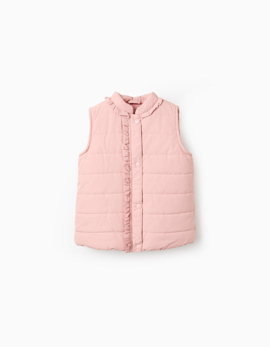 Padded Gilet with Ruffles and Polar Lining for Baby Girls, Pink