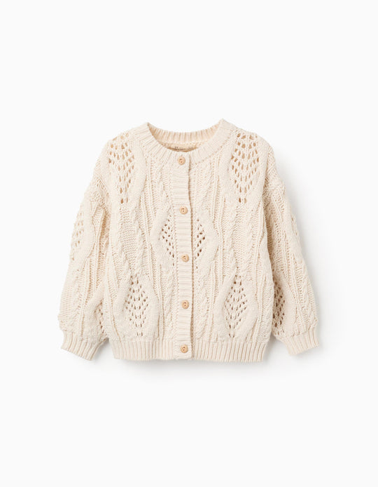 Chunky Knitted Cardigan with Effects for Girls, Beige