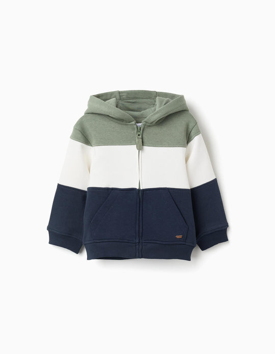 Brushed hooded jacket with colour block for baby boys, green/white/blue