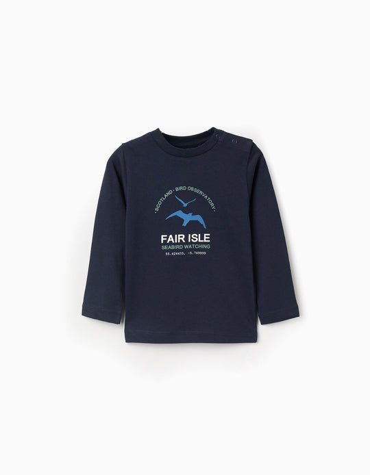 Long sleeve cotton T-shirt 'fair isle' for baby boys, dark blue